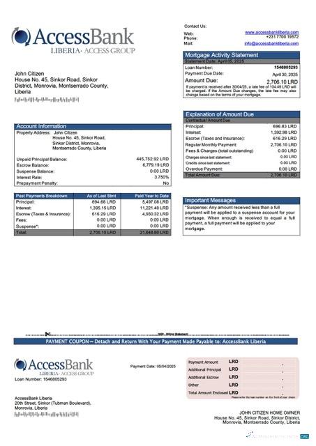 Download Liberia AccessBank Liberia mortgage statement Word and PDF template Photoshop template